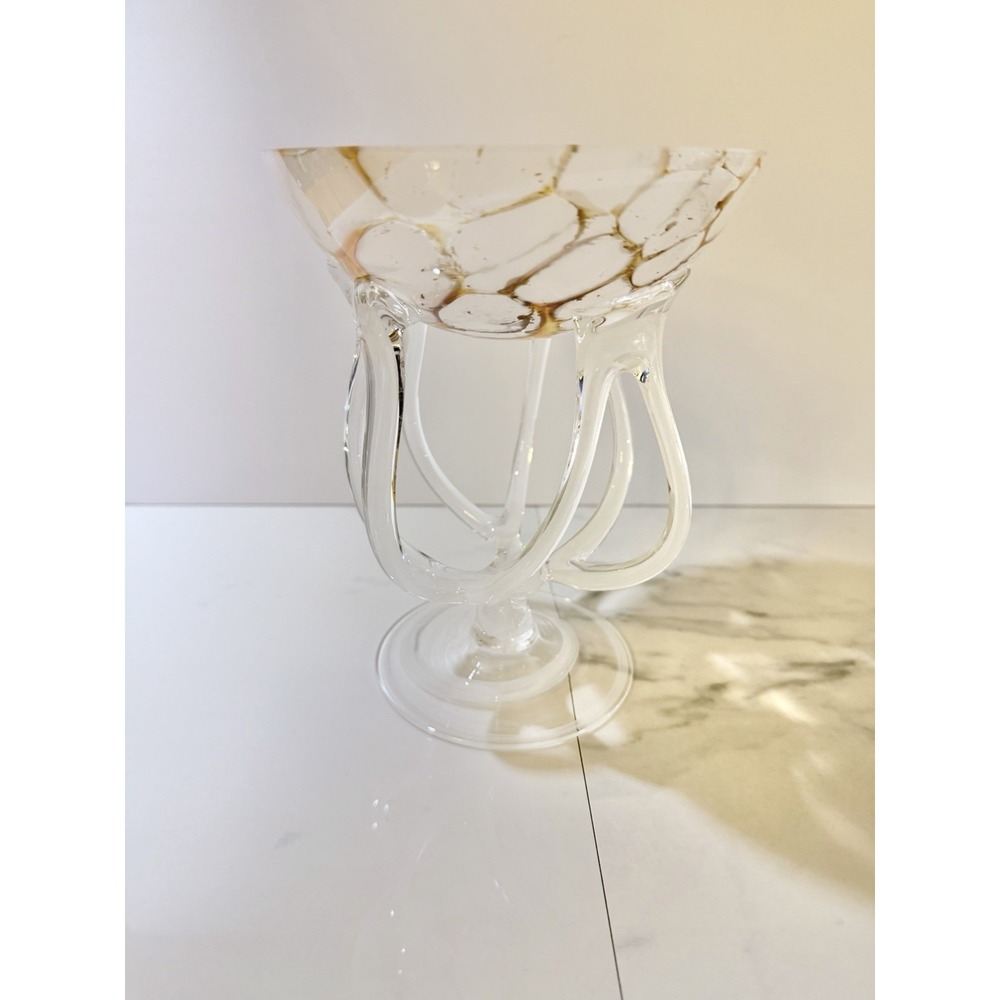 VTG Zorza Jellyfish Poland Art Glass Bowl Pedestal Compote Beige Brown White 7.5